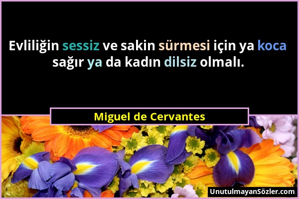 Miguel de Cervantes - Evliliğin sessiz ve sakin sürmesi için ya koca sağır ya da kadın dilsiz olmalı....