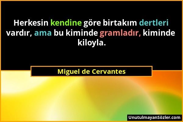 Miguel de Cervantes - Herkesin kendine göre birtakım dertleri vardır, ama bu kiminde gramladır, kiminde kiloyla....