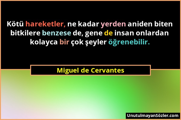 Miguel de Cervantes - Kötü hareketler, ne kadar yerden aniden biten bitkilere benzese de, gene de insan onlardan kolayca bir çok şeyler öğrenebilir....