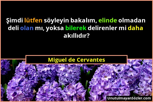 Miguel de Cervantes - Şimdi lütfen söyleyin bakalım, elinde olmadan deli olan mı, yoksa bilerek delirenler mi daha akıllıdır?...