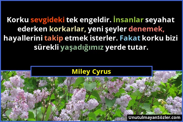 Miley Cyrus - Korku sevgideki tek engeldir. İnsanlar seyahat ederken korkarlar, yeni şeyler denemek, hayallerini takip etmek isterler. Fakat korku biz...