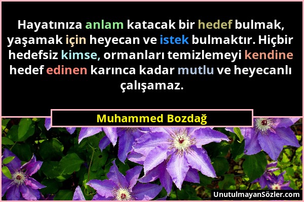 Muhammed Bozdağ - Hayatınıza anlam katacak bir hedef bulmak, yaşamak için heyecan ve istek bulmaktır. Hiçbir hedefsiz kimse, ormanları temizlemeyi ken...