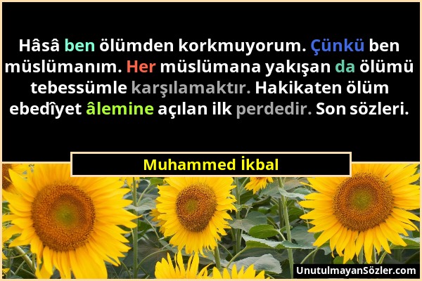 Muhammed İkbal - Hâsâ ben ölümden korkmuyorum. Çünkü ben müslümanım. Her müslümana yakışan da ölümü tebessümle karşılamaktır. Hakikaten ölüm ebedîyet...