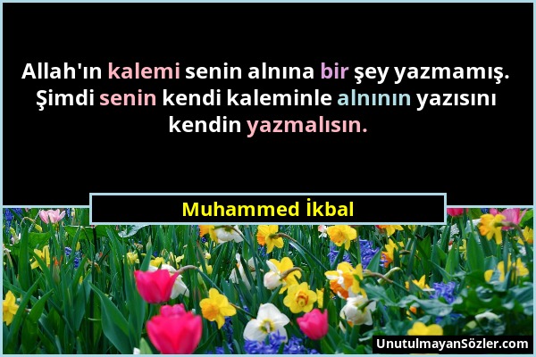 Muhammed İkbal - Allah'ın kalemi senin alnına bir şey yazmamış. Şimdi senin kendi kaleminle alnının yazısını kendin yazmalısın....