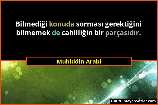 Muhiddin Arabi - Bilmediği konuda sorması gerektiğini bilmemek de cahilliğin bir parçasıdır....