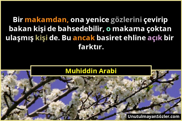 Muhiddin Arabi - Bir makamdan, ona yenice gözlerini çevirip bakan kişi de bahsedebilir, o makama çoktan ulaşmış kişi de. Bu ancak basiret ehline açık...