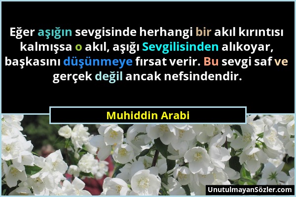 Muhiddin Arabi - Eğer aşığın sevgisinde herhangi bir akıl kırıntısı kalmışsa o akıl, aşığı Sevgilisinden alıkoyar, başkasını düşünmeye fırsat verir. B...