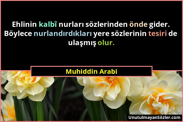 Muhiddin Arabi - Ehlinin kalbî nurları sözlerinden önde gider. Böylece nurlandırdıkları yere sözlerinin tesiri de ulaşmış olur....