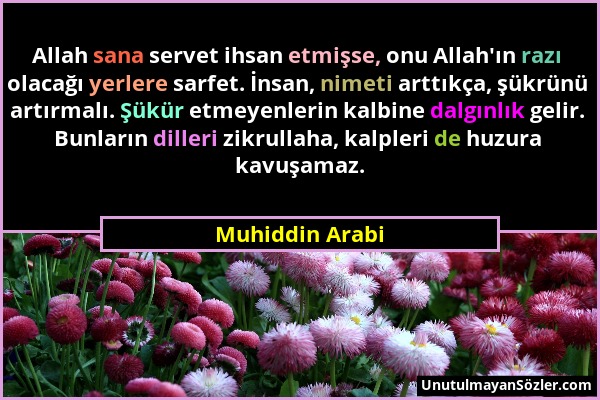 Muhiddin Arabi - Allah sana servet ihsan etmişse, onu Allah'ın razı olacağı yerlere sarfet. İnsan, nimeti arttıkça, şükrünü artırmalı. Şükür etmeyenle...