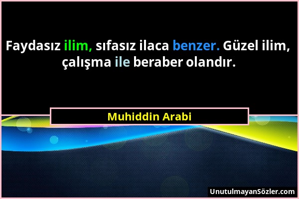 Muhiddin Arabi - Faydasız ilim, sıfasız ilaca benzer. Güzel ilim, çalışma ile beraber olandır....