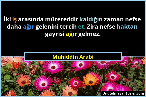 Muhiddin Arabi - İki iş arasında mütereddit kaldığın zaman nefse daha ağır gelenini tercih et. Zira nefse haktan gayrisi ağır gelmez....