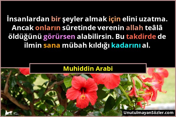 Muhiddin Arabi - İnsanlardan bir şeyler almak için elini uzatma. Ancak onların sûretinde verenin allah teâlâ öldüğünü görürsen alabilirsin. Bu takdird...