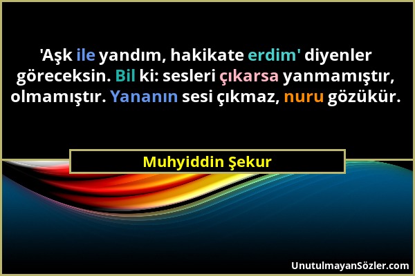 Muhyiddin Şekur - 'Aşk ile yandım, hakikate erdim' diyenler göreceksin. Bil ki: sesleri çıkarsa yanmamıştır, olmamıştır. Yananın sesi çıkmaz, nuru göz...