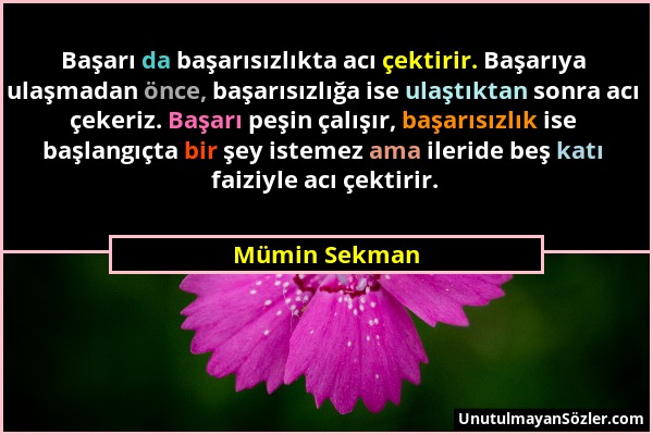 Mümin Sekman - Başarı da başarısızlıkta acı çektirir. Başarıya ulaşmadan önce, başarısızlığa ise ulaştıktan sonra acı çekeriz. Başarı peşin çalışır, b...