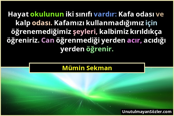 Mümin Sekman - Hayat okulunun iki sınıfı vardır: Kafa odası ve kalp odası. Kafamızı kullanmadığımız için öğrenemediğimiz şeyleri, kalbimiz kırıldıkça...