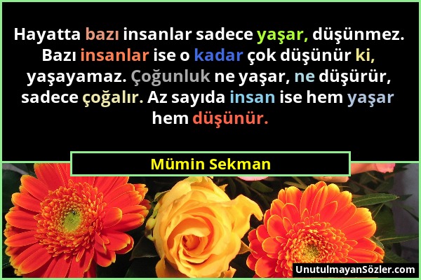 Mümin Sekman - Hayatta bazı insanlar sadece yaşar, düşünmez. Bazı insanlar ise o kadar çok düşünür ki, yaşayamaz. Çoğunluk ne yaşar, ne düşürür, sadec...