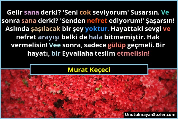 Murat Keçeci - Gelir sana derki? 'Seni cok seviyorum' Susarsın. Ve sonra sana derki? 'Senden nefret ediyorum!' Şaşarsın! Aslında şaşılacak bir şey yok...