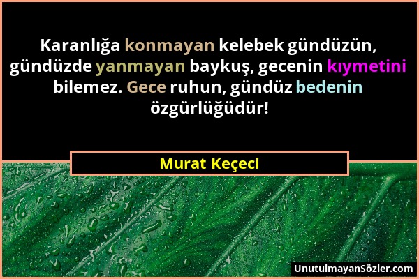 Murat Keçeci - Karanlığa konmayan kelebek gündüzün, gündüzde yanmayan baykuş, gecenin kıymetini bilemez. Gece ruhun, gündüz bedenin özgürlüğüdür!...