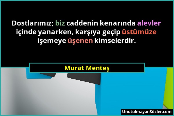 Murat Menteş - Dostlarımız; biz caddenin kenarında alevler içinde yanarken, karşıya geçip üstümüze işemeye üşenen kimselerdir....