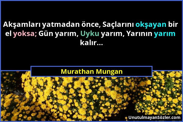 Murathan Mungan - Akşamları yatmadan önce, Saçlarını okşayan bir el yoksa; Gün yarım, Uyku yarım, Yarının yarım kalır......