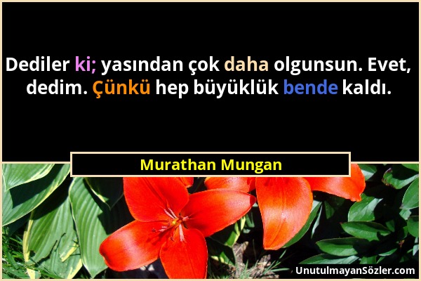 Murathan Mungan - Dediler ki; yasından çok daha olgunsun. Evet, dedim. Çünkü hep büyüklük bende kaldı....