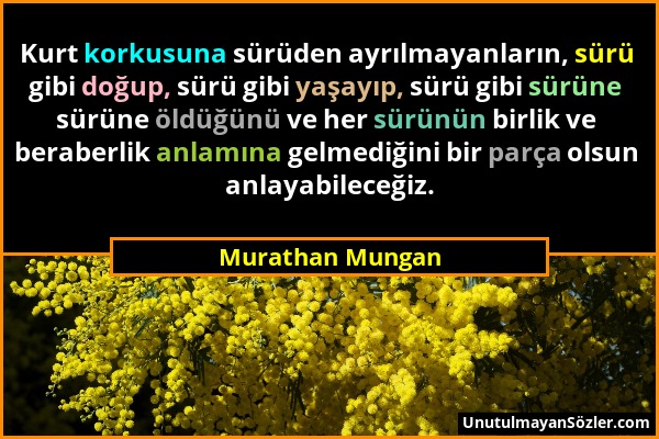 Murathan Mungan - Kurt korkusuna sürüden ayrılmayanların, sürü gibi doğup, sürü gibi yaşayıp, sürü gibi sürüne sürüne öldüğünü ve her sürünün birlik v...
