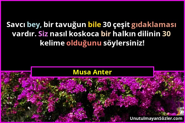 Musa Anter - Savcı bey, bir tavuğun bile 30 çeşit gıdaklaması vardır. Siz nasıl koskoca bir halkın dilinin 30 kelime olduğunu söylersiniz!...