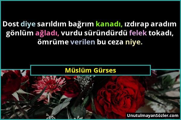 Müslüm Gürses - Dost diye sarıldım bağrım kanadı, ızdırap aradım gönlüm ağladı, vurdu süründürdü felek tokadı, ömrüme verilen bu ceza niye....