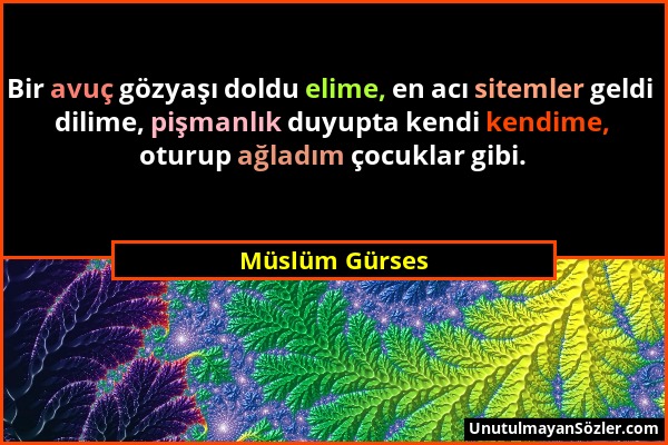 Müslüm Gürses - Bir avuç gözyaşı doldu elime, en acı sitemler geldi dilime, pişmanlık duyupta kendi kendime, oturup ağladım çocuklar gibi....