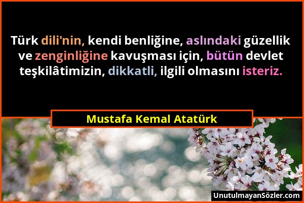 Mustafa Kemal Atatürk - Türk dili'nin, kendi benliğine, aslındaki güzellik ve zenginliğine kavuşması için, bütün devlet teşkilâtimizin, dikkatli, ilgi...