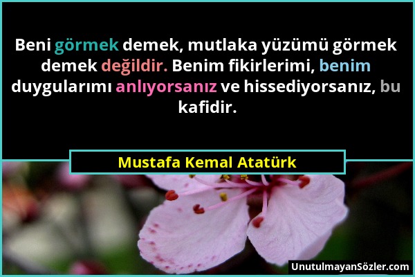 Mustafa Kemal Atatürk - Beni görmek demek, mutlaka yüzümü görmek demek değildir. Benim fikirlerimi, benim duygularımı anlıyorsanız ve hissediyorsanız,...