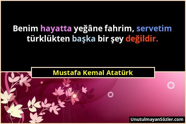 Mustafa Kemal Atatürk - Benim hayatta yeğâne fahrim, servetim türklükten başka bir şey değildir....