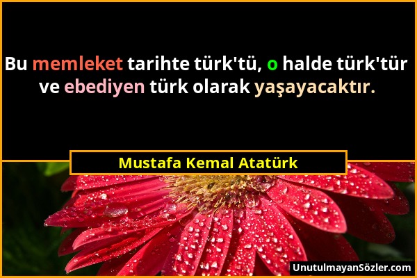 Mustafa Kemal Atatürk - Bu memleket tarihte türk'tü, o halde türk'tür ve ebediyen türk olarak yaşayacaktır....