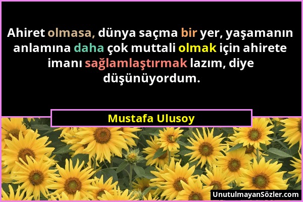 Mustafa Ulusoy - Ahiret olmasa, dünya saçma bir yer, yaşamanın anlamına daha çok muttali olmak için ahirete imanı sağlamlaştırmak lazım, diye düşünüyo...