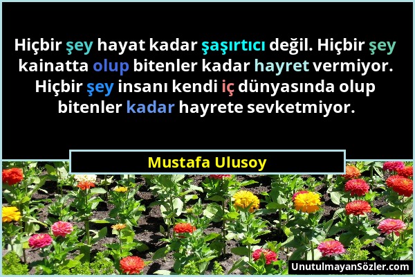 Mustafa Ulusoy - Hiçbir şey hayat kadar şaşırtıcı değil. Hiçbir şey kainatta olup bitenler kadar hayret vermiyor. Hiçbir şey insanı kendi iç dünyasınd...