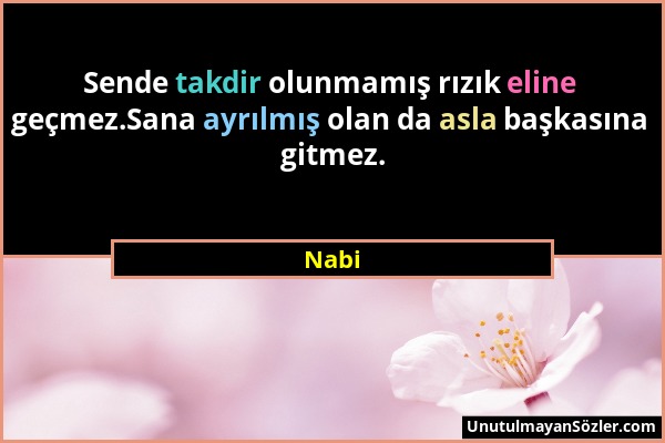 Nabi - Sende takdir olunmamış rızık eline geçmez.Sana ayrılmış olan da asla başkasına gitmez....