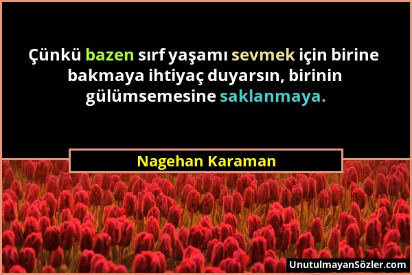 Nagehan Karaman - Çünkü bazen sırf yaşamı sevmek için birine bakmaya ihtiyaç duyarsın, birinin gülümsemesine saklanmaya....