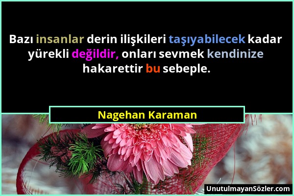 Nagehan Karaman - Bazı insanlar derin ilişkileri taşıyabilecek kadar yürekli değildir, onları sevmek kendinize hakarettir bu sebeple....