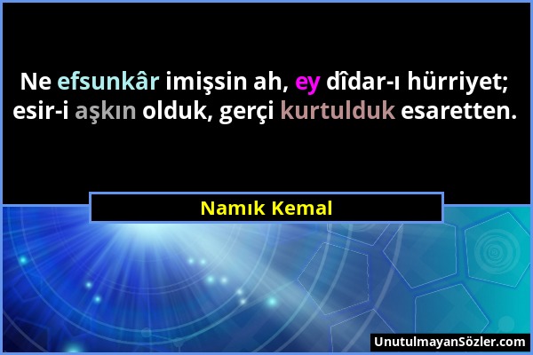 Namık Kemal - Ne efsunkâr imişsin ah, ey dîdar-ı hürriyet; esir-i aşkın olduk, gerçi kurtulduk esaretten....