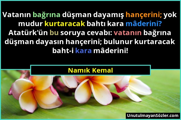 Namık Kemal - Vatanın bağrına düşman dayamış hançerini; yok mudur kurtaracak bahtı kara mâderini? Atatürk'ün bu soruya cevabı: vatanın bağrına düşman...