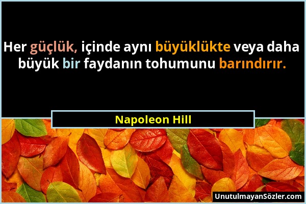 Napoleon Hill - Her güçlük, içinde aynı büyüklükte veya daha büyük bir faydanın tohumunu barındırır....