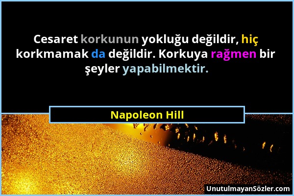 Napoleon Hill - Cesaret korkunun yokluğu değildir, hiç korkmamak da değildir. Korkuya rağmen bir şeyler yapabilmektir....