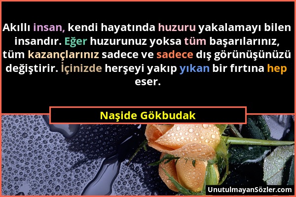 Naşide Gökbudak - Akıllı insan, kendi hayatında huzuru yakalamayı bilen insandır. Eğer huzurunuz yoksa tüm başarılarınız, tüm kazançlarınız sadece ve...