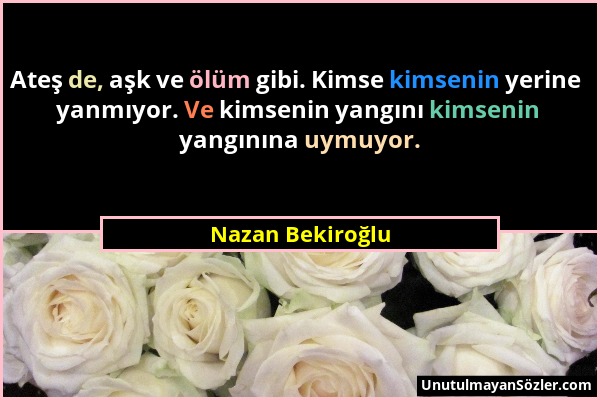 Nazan Bekiroğlu - Ateş de, aşk ve ölüm gibi. Kimse kimsenin yerine yanmıyor. Ve kimsenin yangını kimsenin yangınına uymuyor....