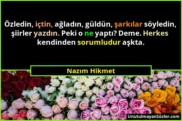 Nazım Hikmet - Özledin, içtin, ağladın, güldün, şarkılar söyledin, şiirler yazdın. Peki o ne yaptı? Deme. Herkes kendinden sorumludur aşkta....