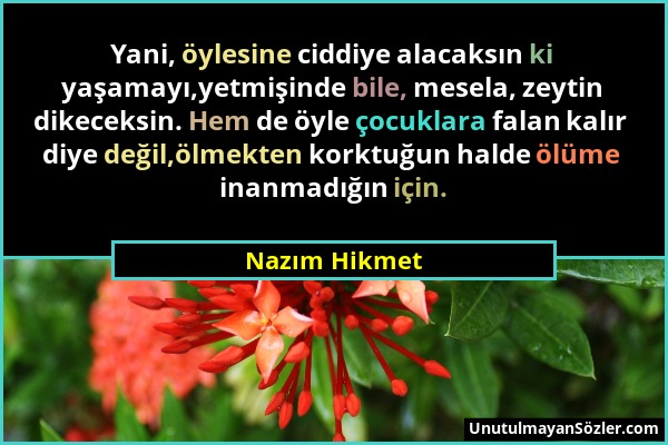Nazım Hikmet - Yani, öylesine ciddiye alacaksın ki yaşamayı,yetmişinde bile, mesela, zeytin dikeceksin. Hem de öyle çocuklara falan kalır diye değil,ö...