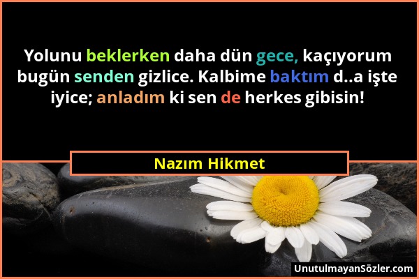 Nazım Hikmet - Yolunu beklerken daha dün gece, kaçıyorum bugün senden gizlice. Kalbime baktım d..a işte iyice; anladım ki sen de herkes gibisin!...