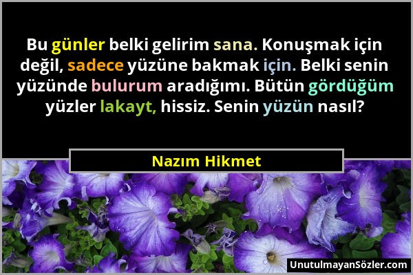 Nazım Hikmet - Bu günler belki gelirim sana. Konuşmak için değil, sadece yüzüne bakmak için. Belki senin yüzünde bulurum aradığımı. Bütün gördüğüm yüz...