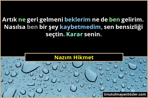 Nazım Hikmet - Artık ne geri gelmeni beklerim ne de ben gelirim. Nasılsa ben bir şey kaybetmedim, sen bensizliği seçtin. Karar senin....