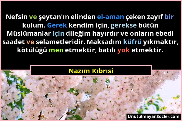 Nazım Kıbrısi - Nefsin ve şeytan'ın elinden el-aman çeken zayıf bir kulum. Gerek kendim için, gerekse bütün Müslümanlar için dileğim hayırdır ve onlar...